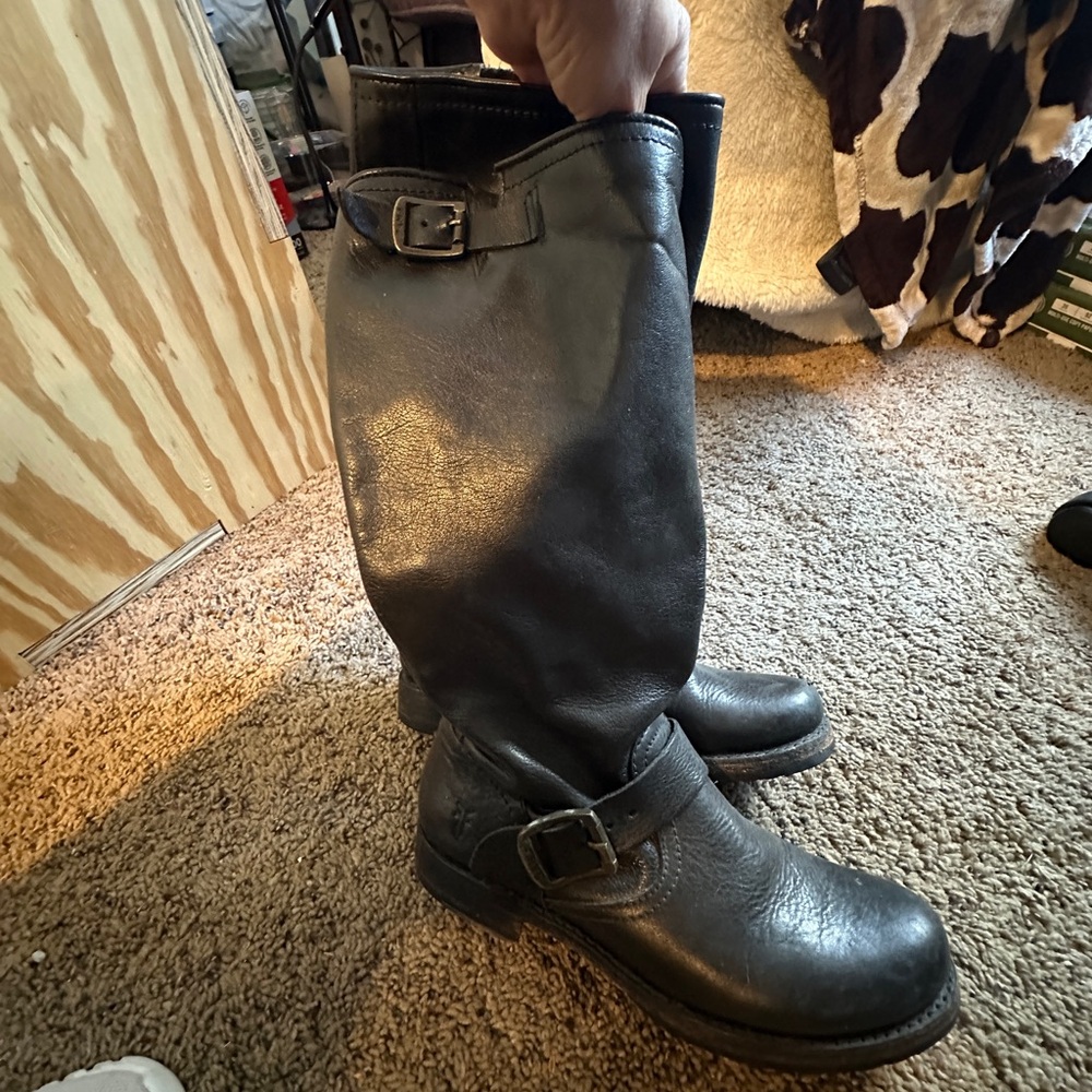 Frye Black Leather Buckle Boots